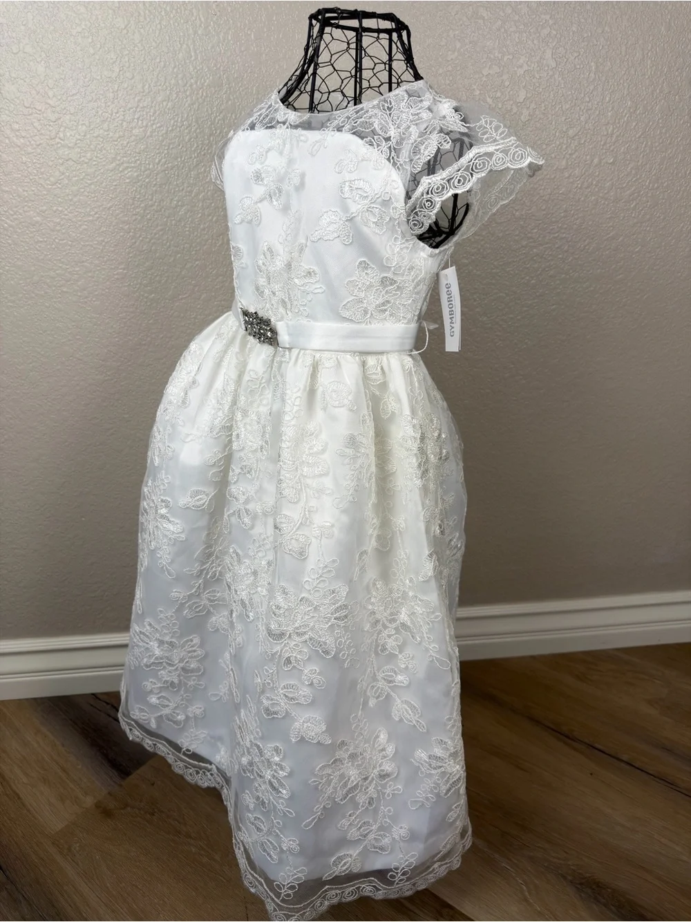 NWT Gymboree Girl White Floral Lace Formal Dress Jeweled Belt, Size 6